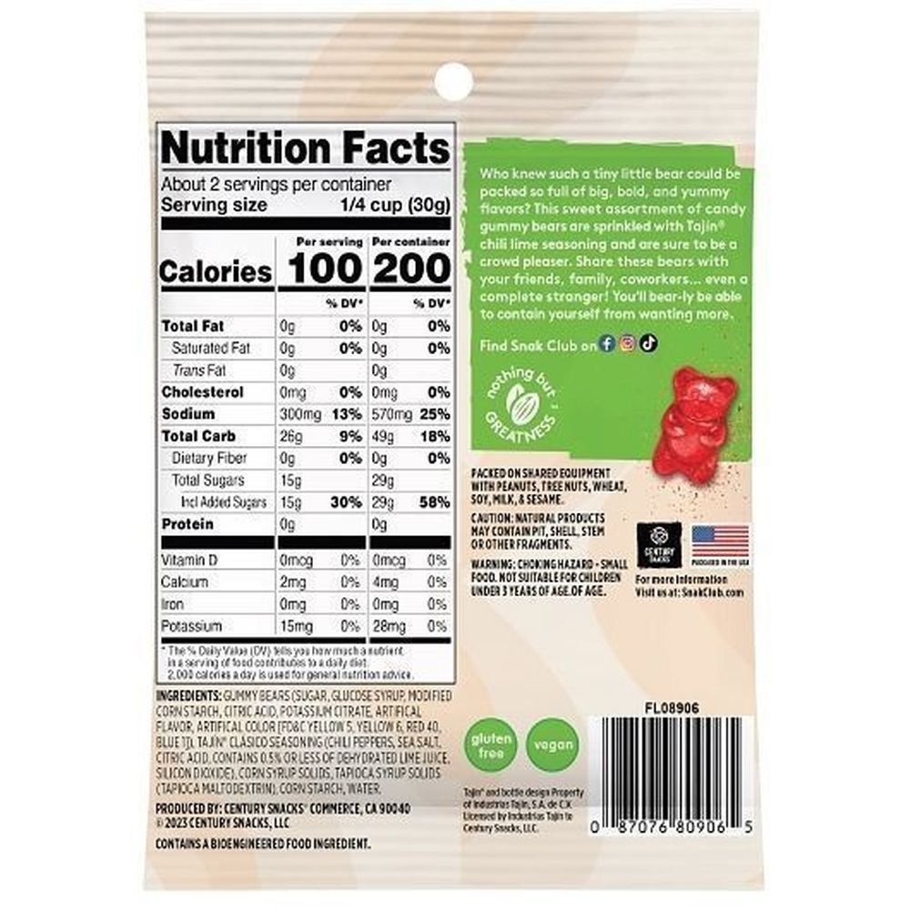 Snak Club Tajin Gummy Bears, 2 Ounce -- 12 Per Case