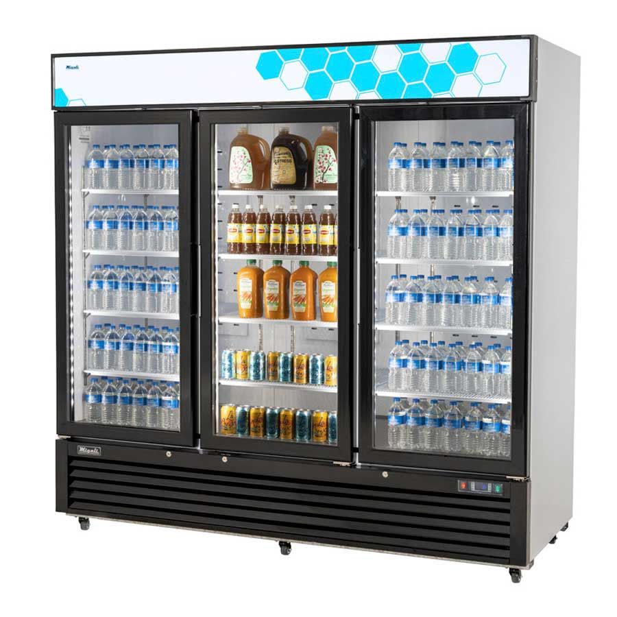 Migali Powder Coated Steel 3 Glass Door Merchandiser Refrigerator With 12 Adjustable Shelves, 82 Inch Width X 31.5 Inch Depth X 81 Inch Height