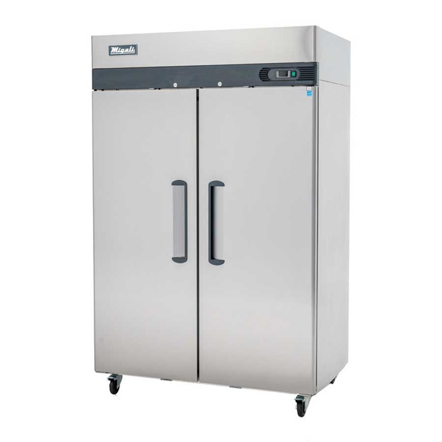 Migali Stainless Steel 2 Door Reach-in Freezer With 6 Adjustable Shelves, 51.7 Inch Width X 33.2 Inch Depth X 83.8 Inch Height