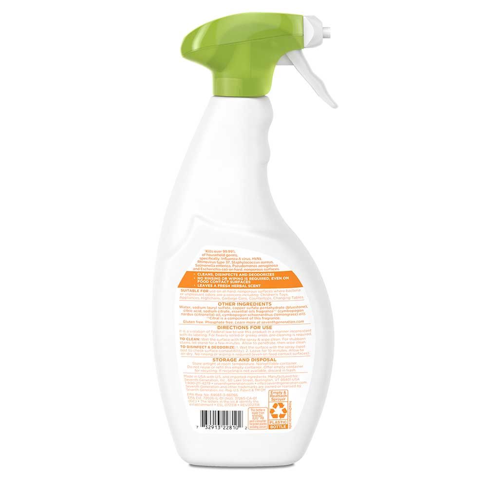 Seventh Generation Lemongrass Citrus Multi Surface Disinfecting Bathroom Cleaner, 26 Ounce -- 8 Per Case