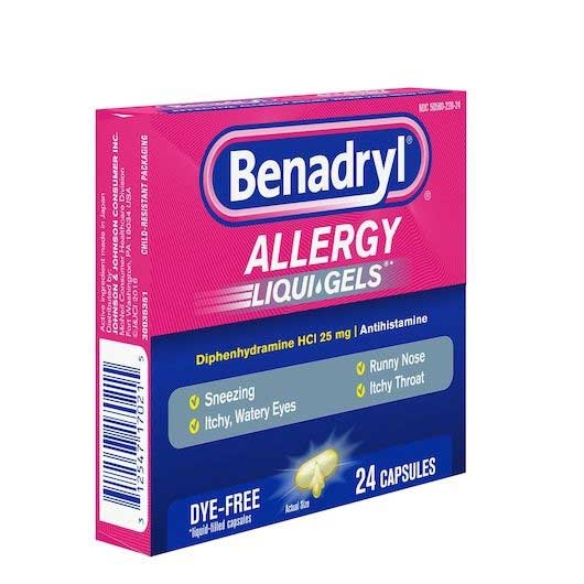 Benadryl Allergy Liqui Gel Dye Free Antihistamine 25 mg Capsules - 24 count per pack -- 24 packs per case