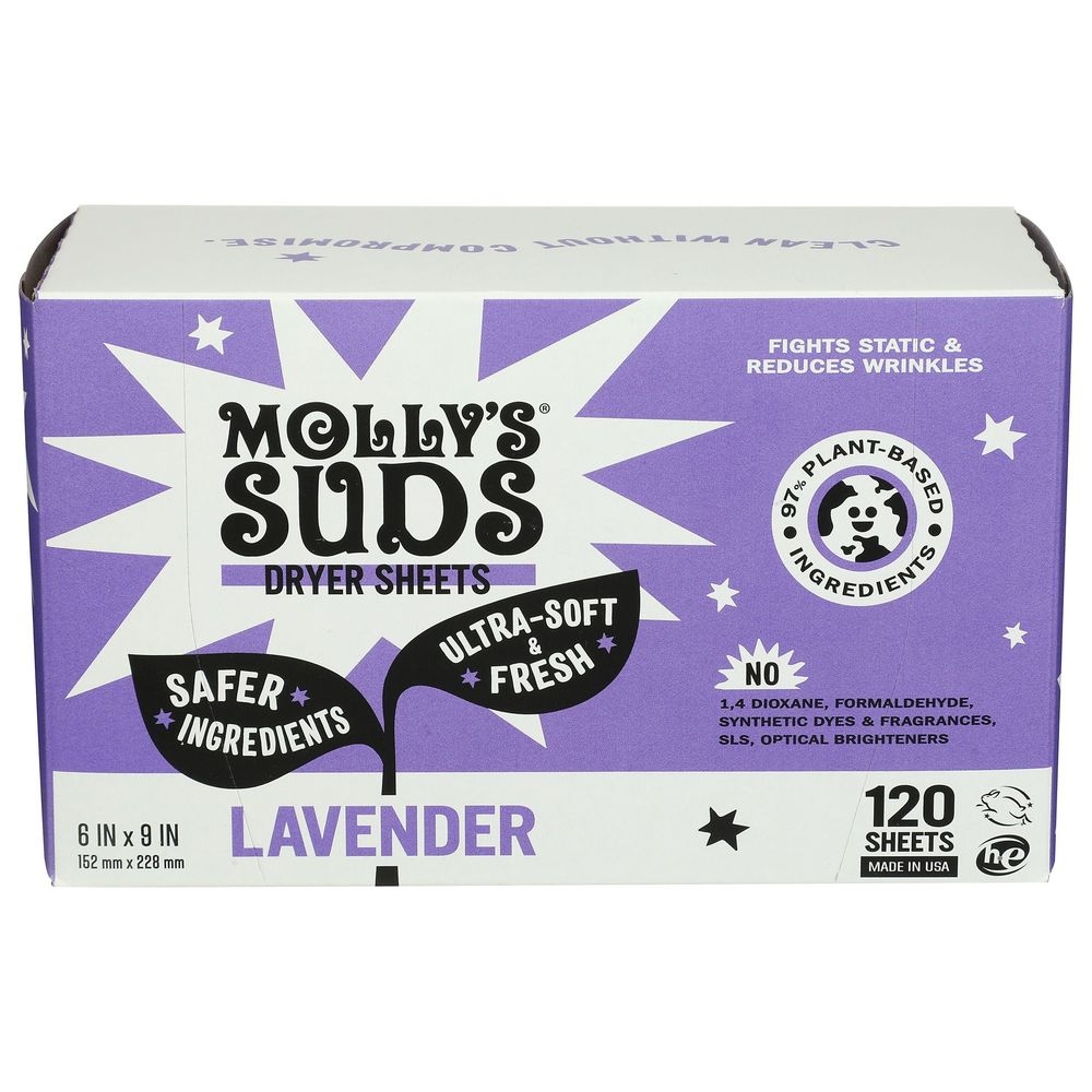 Mollys Suds Lavender Plant Based Fabric Softener Dryer Sheets, 120 count -- 6 per case