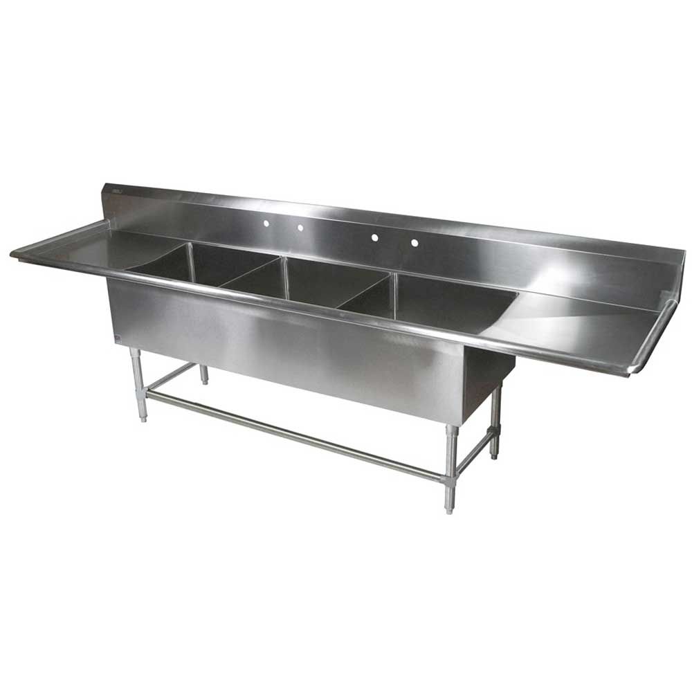John Boos 16 Gauge Stainless Steel Three Bowl Sink With 24 Inch Left And Right Drainboard, 105 1/4 X 23 1/2 Inch