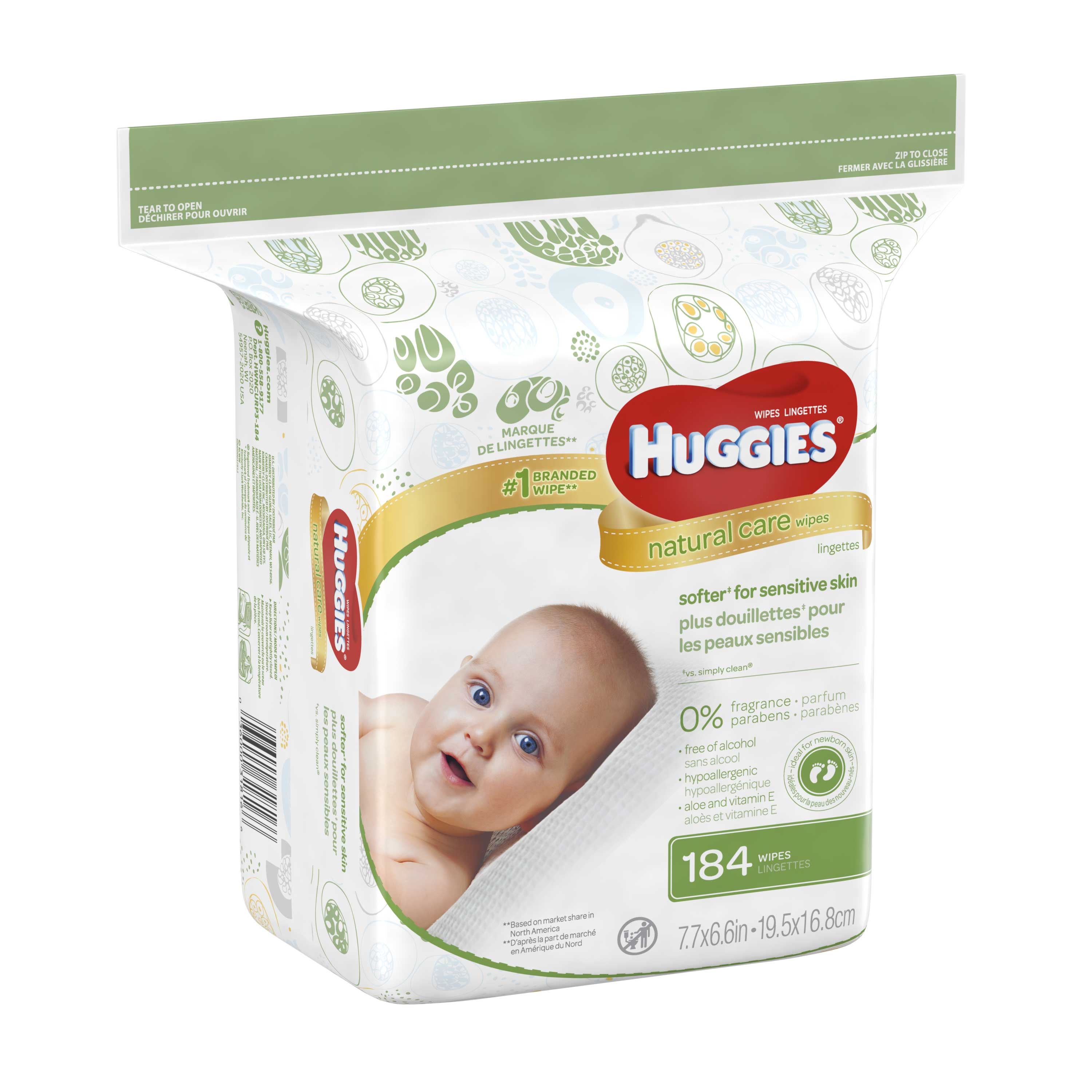 Huggies Natural Care Fragrance Free Baby Wipes - 184 per pack -- 3 packs per case.
