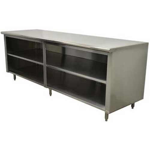 Stainless Steel Flat Top Enclosed Base Work Table - Open Base With Midshelf, 24X120 inch.