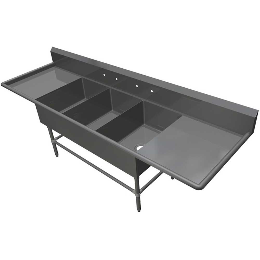 John Boos 16 Gauge Stainless Steel Three Bowl Bakery Sink With 24 Inch Left And Right Drainboard, 111 1/4 X 33 1/2 Inch