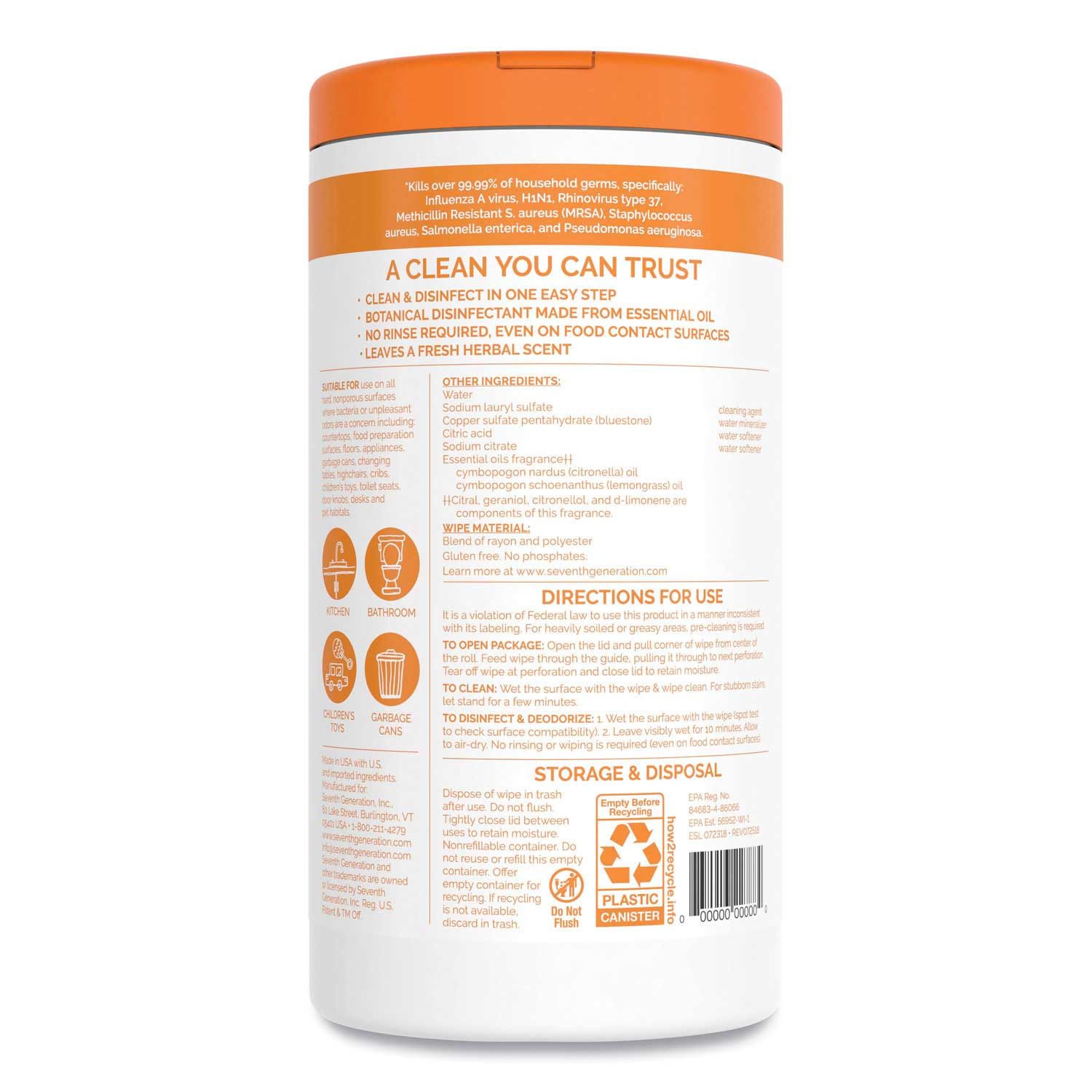 Seventh Generation Multi Surface Disinfecting Wipe, 70 Count -- 1 Each