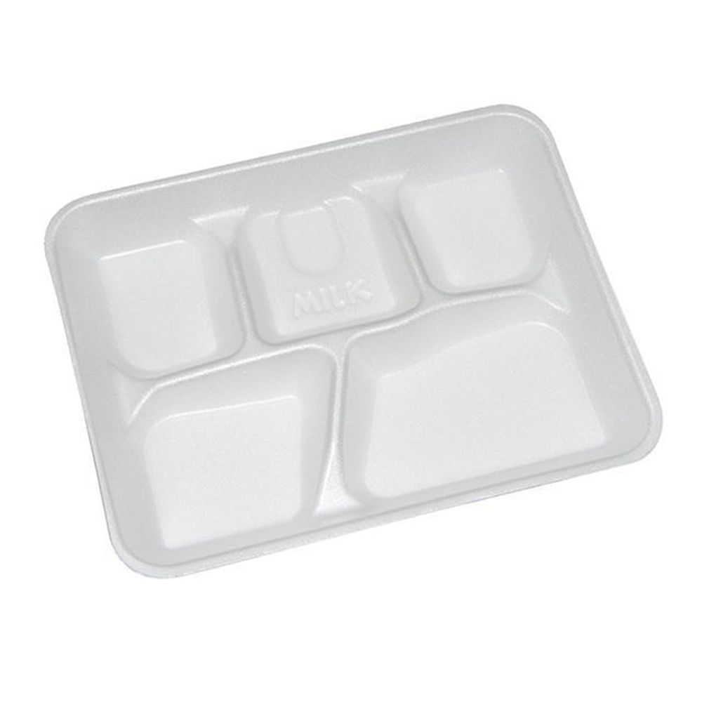 Pactiv Evergreen White Polystyrene Foam 5 Compartment School Lunch Tray, 8.25 X 10.25 X 1 Inch -- 500 Per Case